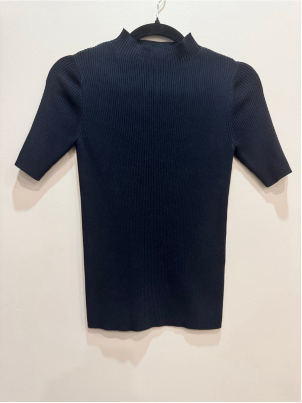 Reiss Ribbed Mock Funner Neck Knit Half Sleeve Top Black Size XS 90s Minimalist